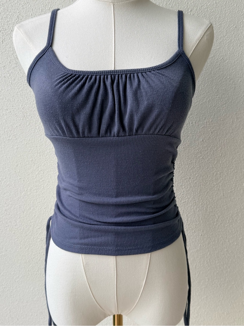 Women's Dusty Blue Ribbed Tank Top with ruched sides and adjustable Side Ties